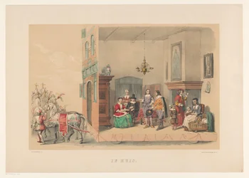 Segundo grupo de mascarada de Utrecht en 1856 En casa (título sobre objeto) Nuestra patria hacia mediados del siglo XVII, propuesta por S.H. estudiantes, miembros de Mutua Fides, en la celebración del 220 aniversario de la Utrechtsche Hoogeschool, el 25 de