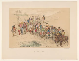 Cuarto grupo de mascarada de Utrecht en 1856 Colonias (título sobre objeto) Nuestra patria hacia mediados del siglo XVII, propuesta por S.H. estudiantes, miembros de Mutua Fides, en celebración del 220 aniversario de la Utrechtsche Hoogeschool, 25. Jun