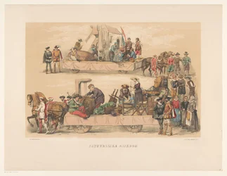 Quinto grupo de mascarada de Utrecht en 1856 Recurso natural (título sobre el objeto) Nuestra patria hacia mediados del siglo XVII, propuesta por S.H. estudiantes, miembros de Mutua Fides, en celebración del 220 aniversario de la Utrechtsche Hoogeschool,