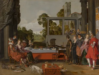 Compañía alegre en una terraza, 1616-17
