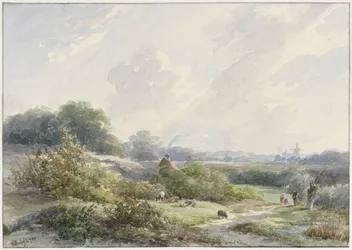Paisaje con granja y ganado