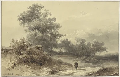 Paisaje con arbustos y una figura en un camino rural