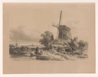Molino de viento en un paisaje con dos figuras