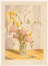 Tulipanes y narcisos en un jarrón