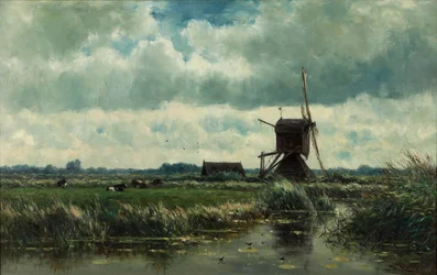 Paisaje de pólder con molino de viento cerca de Abcoude