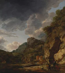 Paisaje montañoso con río y carreta, tercer cuarto del siglo XVII (óleo sobre tabla)