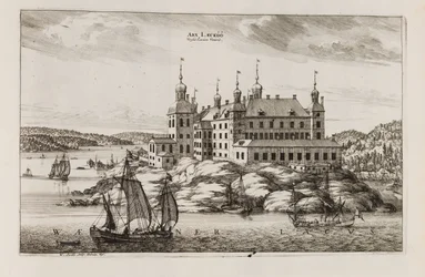 Castillo de Läckö desde el lado del lago Vänern. De "Suecia antiqua et hodierna"