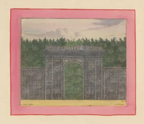 Cenador rectangular de enrejado con una puerta en el centro ante un seto en los jardines de Versalles