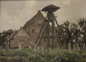 La iglesia de Giethoorn con campanario (óleo sobre lienzo colocado sobre tabla)