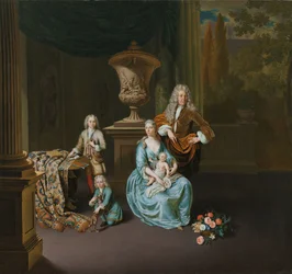 Diederik Baron van Leyden van Vlaardingen (1695-1764). Burgomaestre de Leiden, con su esposa Sophia Dina de Rovere y sus hijos Pieter, Jan y Adriaan Pompejus