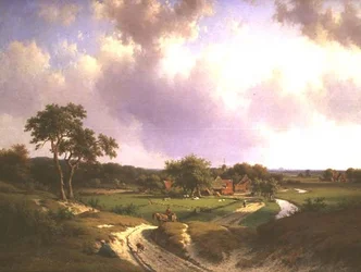 Un extenso paisaje con una granja y campesinos en un camino