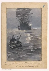 Los chicos hacen señales a un barco desde un bote de remos que se hunde