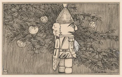 Cascanueces con capa de húsar junto a un árbol de Navidad