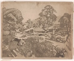 Casas en el kampong con los volcanes Salak y Gedeh al fondo, Buitenzorg