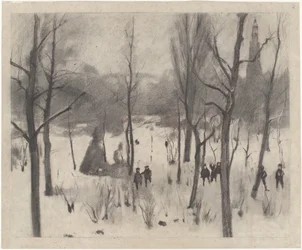 Niños entre los árboles en la nieve