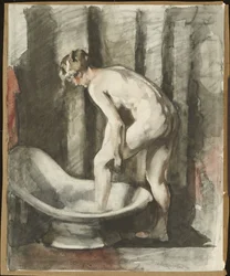 Mujer desnuda entrando en el baño