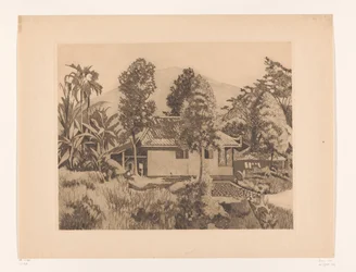Casa en Bogor con una montaña al fondo
Casa con el volcán Salak(?) al fondo, Buitenzorg (título original)