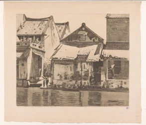 Casas a lo largo de un río en Batavia con una mujer lavando ropa
Casas a lo largo del kali. A la izquierda un pasaje entre casas, donde una mujer está lavando la ropa, Batavia (título original)