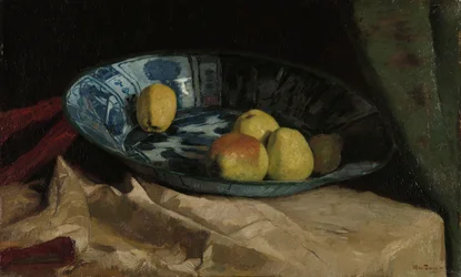 Bodegón con manzanas en un cuenco azul de Delft