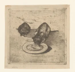 Dos gatos, uno bebiendo de un plato
Dos gatitos (título original)