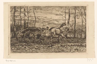 Carro con madera de monte arrastrado por dos caballos
Vagón con monte bajo (título original)