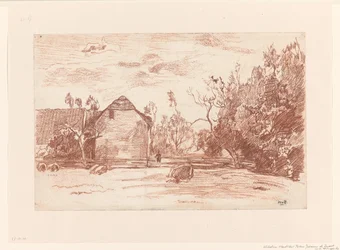 Pasto con ganado pastando, una granja a la izquierda