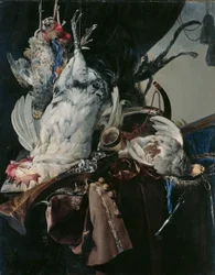 Alemán: Stilleben mit gelegten Vögeln und Jagdgeräten Still life with game and hunting gear