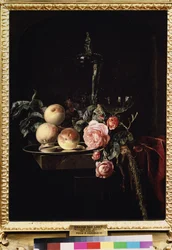 ""Bodegón de rosas y melocotones"" (Rosas y melocotones) Pintura de Willem van Aelst (1625-circa 1683) 1659 Museo Pushkin, Moscú