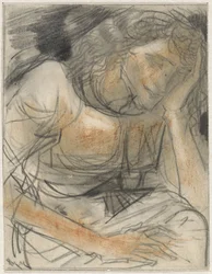 Mujer con la mano bajo la cabeza