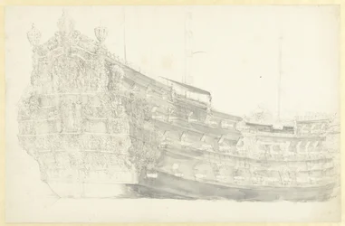 Retrato de un barco inglés (¿imaginado?) con Justicia en el espejo de popa