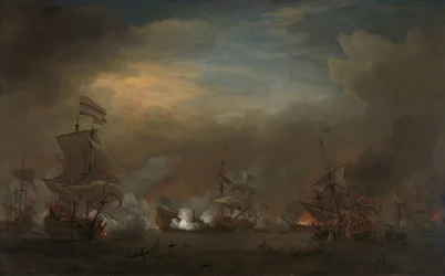 Encuentro durante la Batalla de Kijkduin
Batalla marítima entre Cornelis Tromp en el Gouden Leeuw y Sir Edward Spragg en el Royal Prince durante la Batalla de Kijkduin (Batalla de Texel), 21 de agosto de 1673: episodio de la Tercera Guerra Anglo-Holandesa