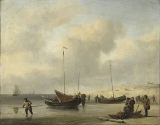Barcos de pesca en la orilla (La orilla, descargando un botín de pesca)