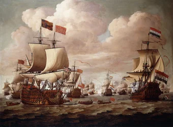 Las flotas inglesa y holandesa intercambiando saludos en el mar con el "Prince" y el "Gouden Leeuw" en primer plano, 1684
