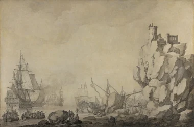 Barcos y milicias en una costa rocosa