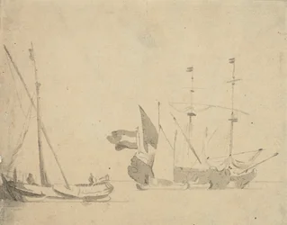 Un boeier en un muelle y un barco holandés anclado, c.1665 (aguada gris)