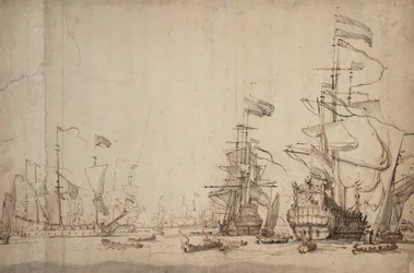 ¿Un consejo de guerra en la flota holandesa Mayo de 1665, c.1674 (pluma, tinta marrón, aguada gris)