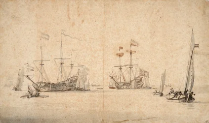 Un kaag corriendo libre y dos buques insignia holandeses anclados, c.1665 (pluma, tinta marrón, aguada gris)
