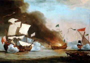 Un barco inglés en acción con corsarios berberiscos, hacia 1680, c.1685 (óleo sobre lienzo)