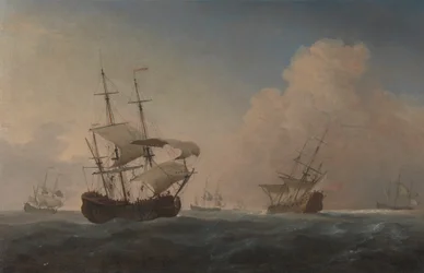 Buques de guerra ingleses escorados por la brisa en alta mar