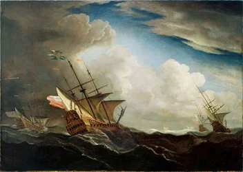 Barcos ingleses en el mar batiendo a barlovento en un vendaval, c.1690 (óleo sobre lienzo)