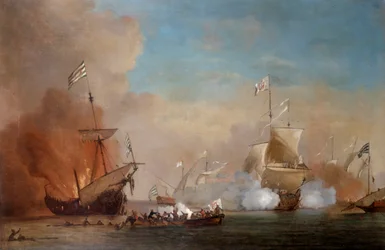 Piratas atacando un barco de la Marina británica, siglo XVII