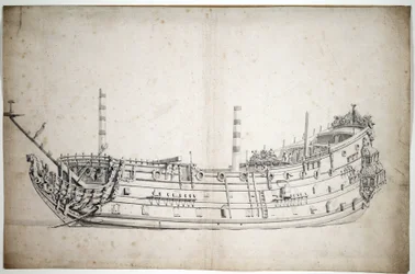 Retrato del navío "Triumph" (o "Saint George"), de 70 cañones, construido en 1623, con una figura principal que representa a Neptuno y dos caballitos de mar, con tres cubiertas completas.