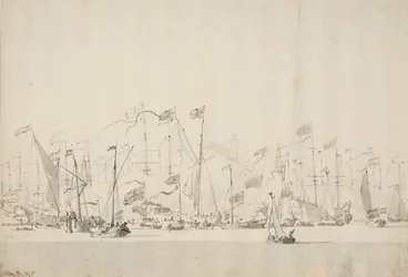 Espectáculo fluvial en la Y de Amsterdam en honor del Príncipe de Orange, 5/15 de junio de 1660, c.1675 (pluma, aguada)