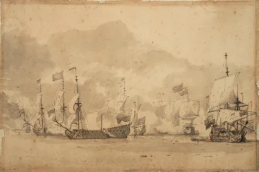 La batalla de Texel (Kijkduijn), 11-21 de agosto de 1673, c.1673 (grafito, aguada gris)