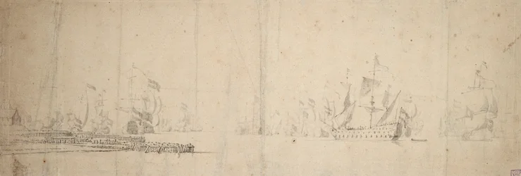 Una flota holandesa zarpa de un muelle, c.1665 (grafito, aguada gris)