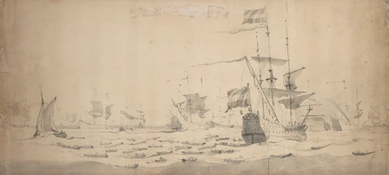 Una flota holandesa tendida en la brisa: un consejo de guerra, c.1665 (grafito, aguada gris)