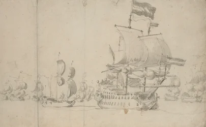 Un buque insignia holandés con un barco de despacho en su popa, ¿mayo de 1672, c.1672 (lápiz, aguada)