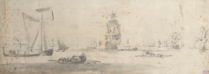 Un galliot con viento ligero y varias barcazas, c.1681 (grafito, aguada gris)