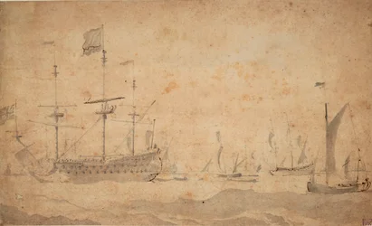 Un buque insignia inglés fondeado, posiblemente en junio de 1673, c.1673 (aguada gris)