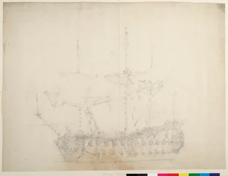 Barco inglés de tercera clase de 60 cañones visto desde proa cerrada, c.1673 (offset)